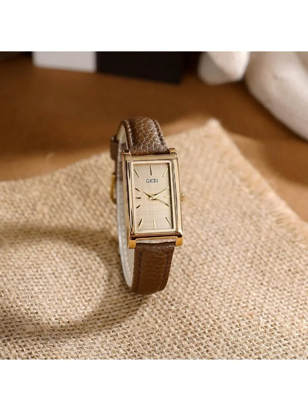 Women's Brown Gold Analog Quartz Ultra-Thin Rectangle Vintage Square Wrist Watch